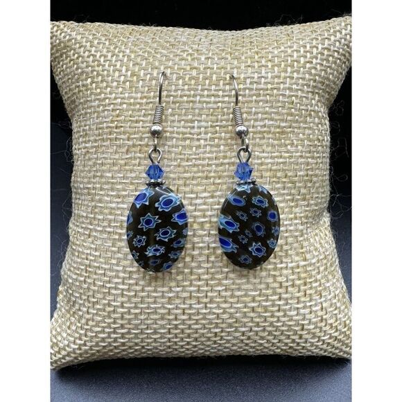 Millefiori Earrings Dark Glass Blue Flower Crystal Oval Dangle Silver Tone - Picture 1 of 7